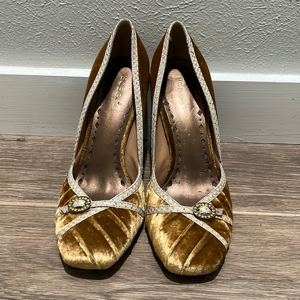 BCBG Crushed Copper Velvet Heels